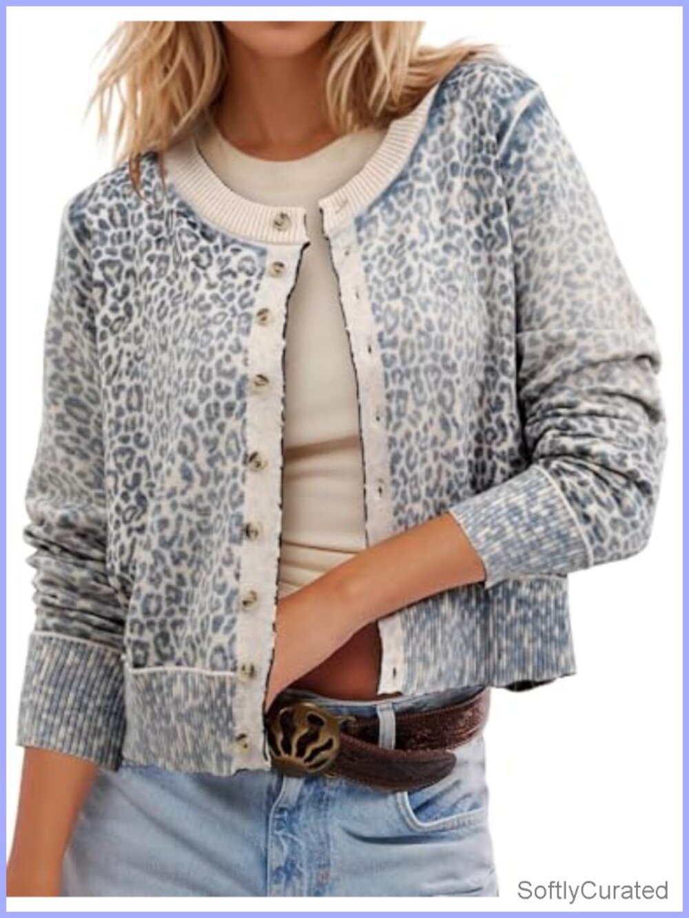 Cropped Leopard Cardigan Button Up Sweater Loose Fit Long Sleeve Knit
